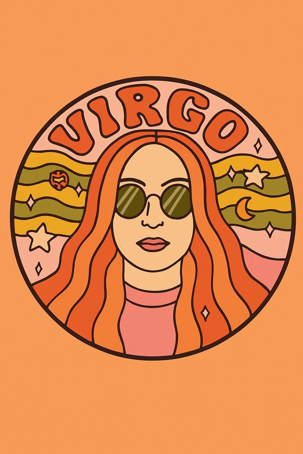 Stylized Virgo Woman Retro Illustration on Orange Background T-shirt