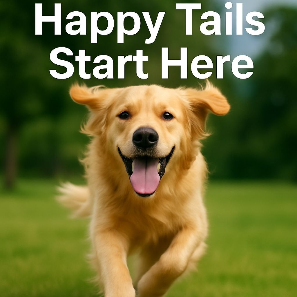 Joyful Golden Retriever Running with Happy Tails Start Here Poster