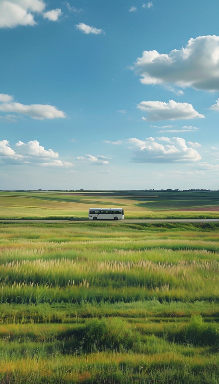 Serene Pastoral Landscape with White Bus in Rolling Fields Mobile Wallpaper