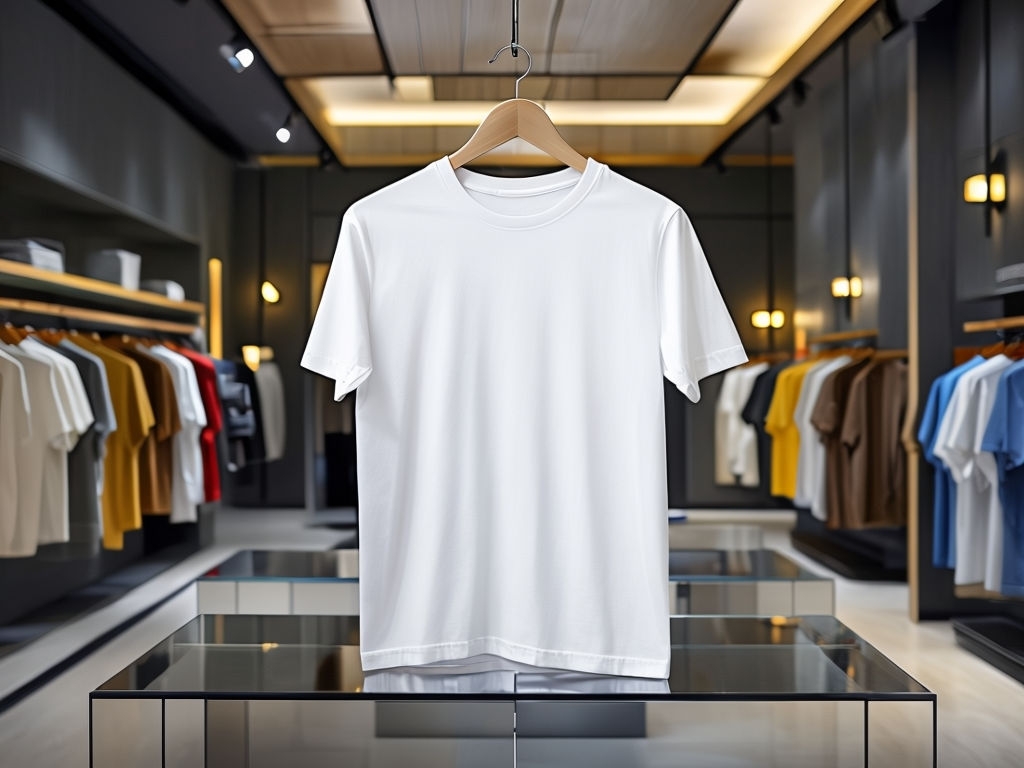 Bright White T-Shirt Displayed in Modern Fashion Store Mockup