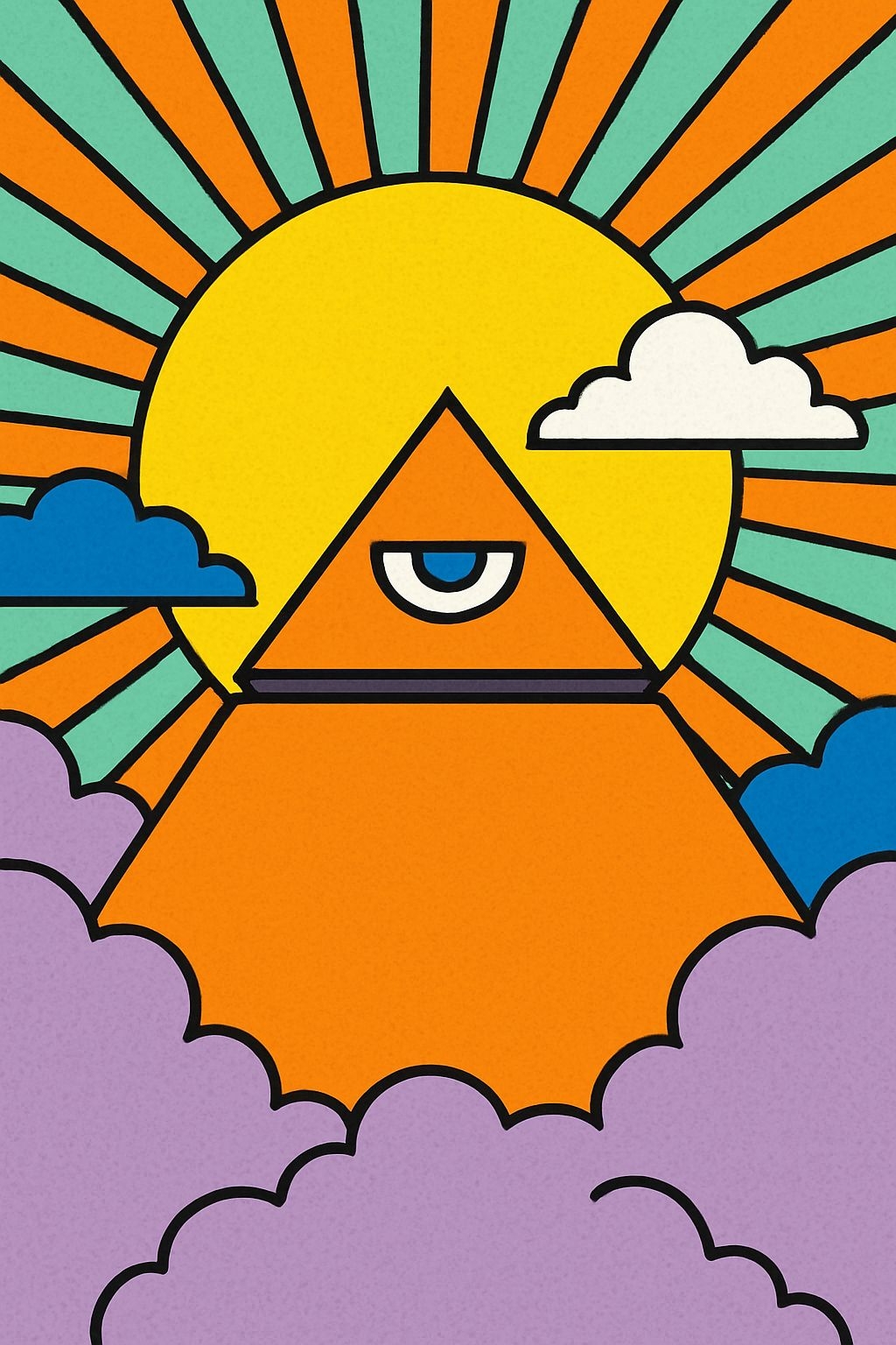 Vibrant Pop Art Orange Pyramid with Eye and Sun Illustration Art