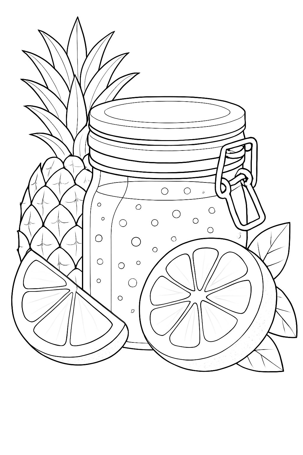 Tropical Fruits and Bubbly Jar Line Drawing Coloring Page