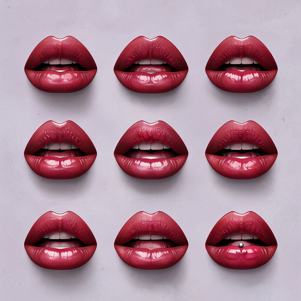 Diverse Expressions of Lips in Glossy Red T-Shirt