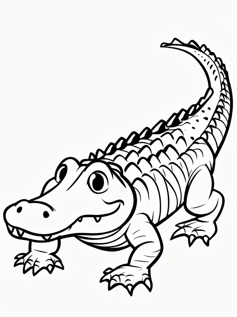Friendly Black-and-White Cartoon Alligator Illustration Coloring Book Pages