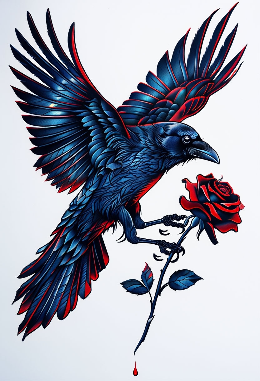 Iridescent Crow with Black-Red Rose Tattoo Art Poster