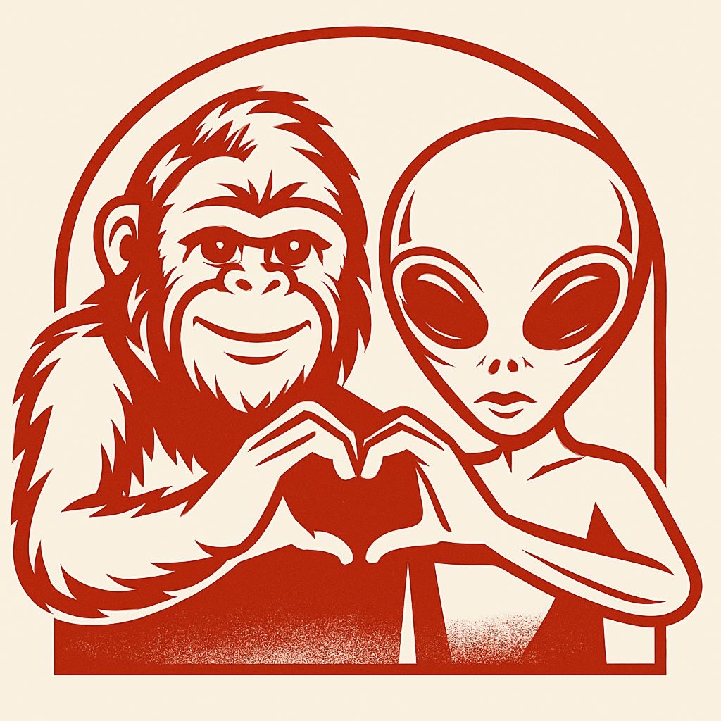 Retro Gorilla and Alien Friendship Heart Illustration T-Shirt