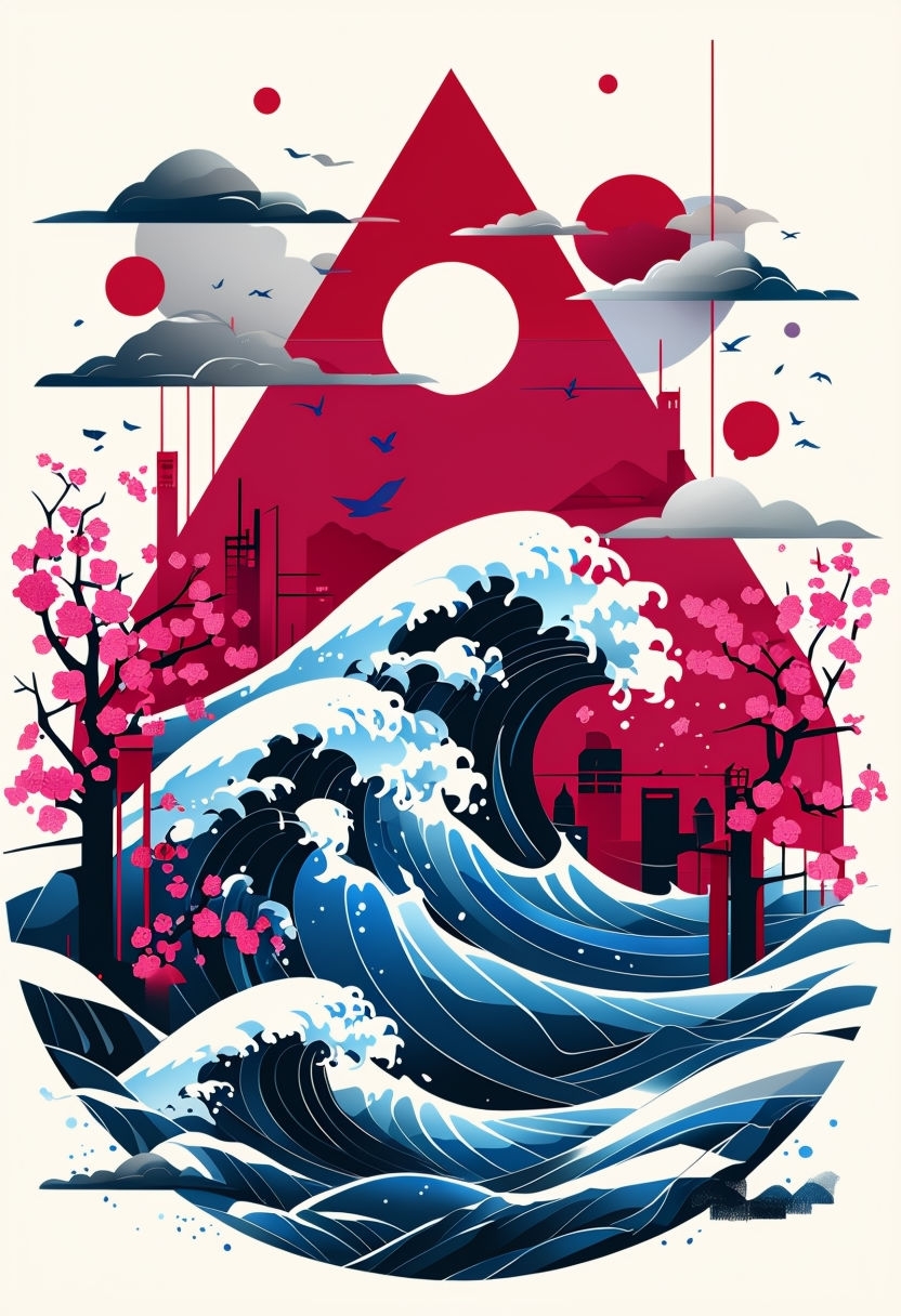 Vibrant Modern Japanese Nature and Geometric Art Poster