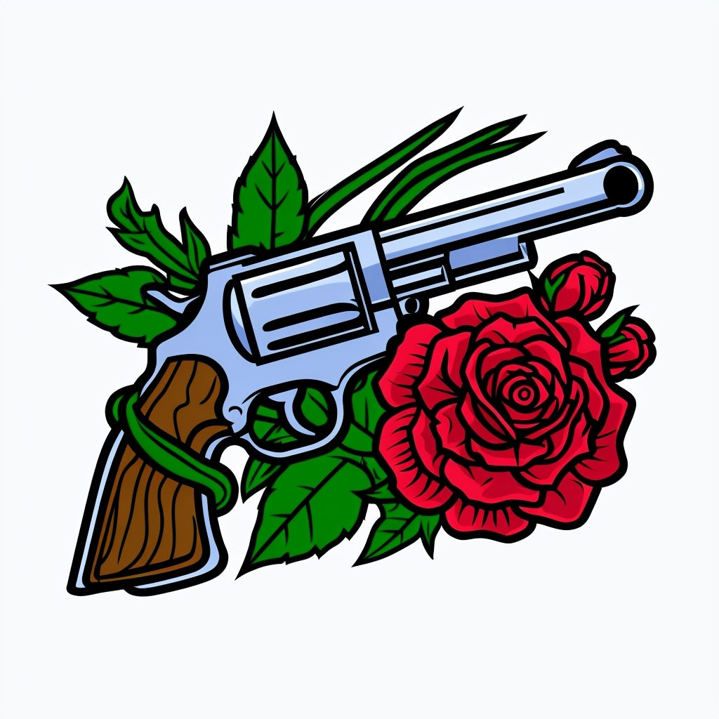 Stylized Blue Revolver with Red Rose and Green Leaves Sticker