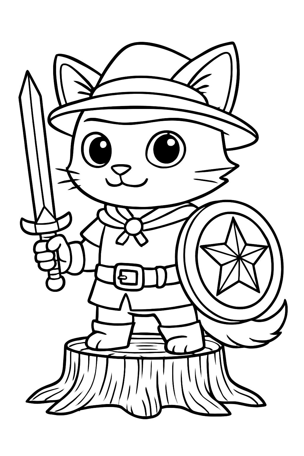 Adventurous Cat Character in Heroic Pose Coloring Book Page