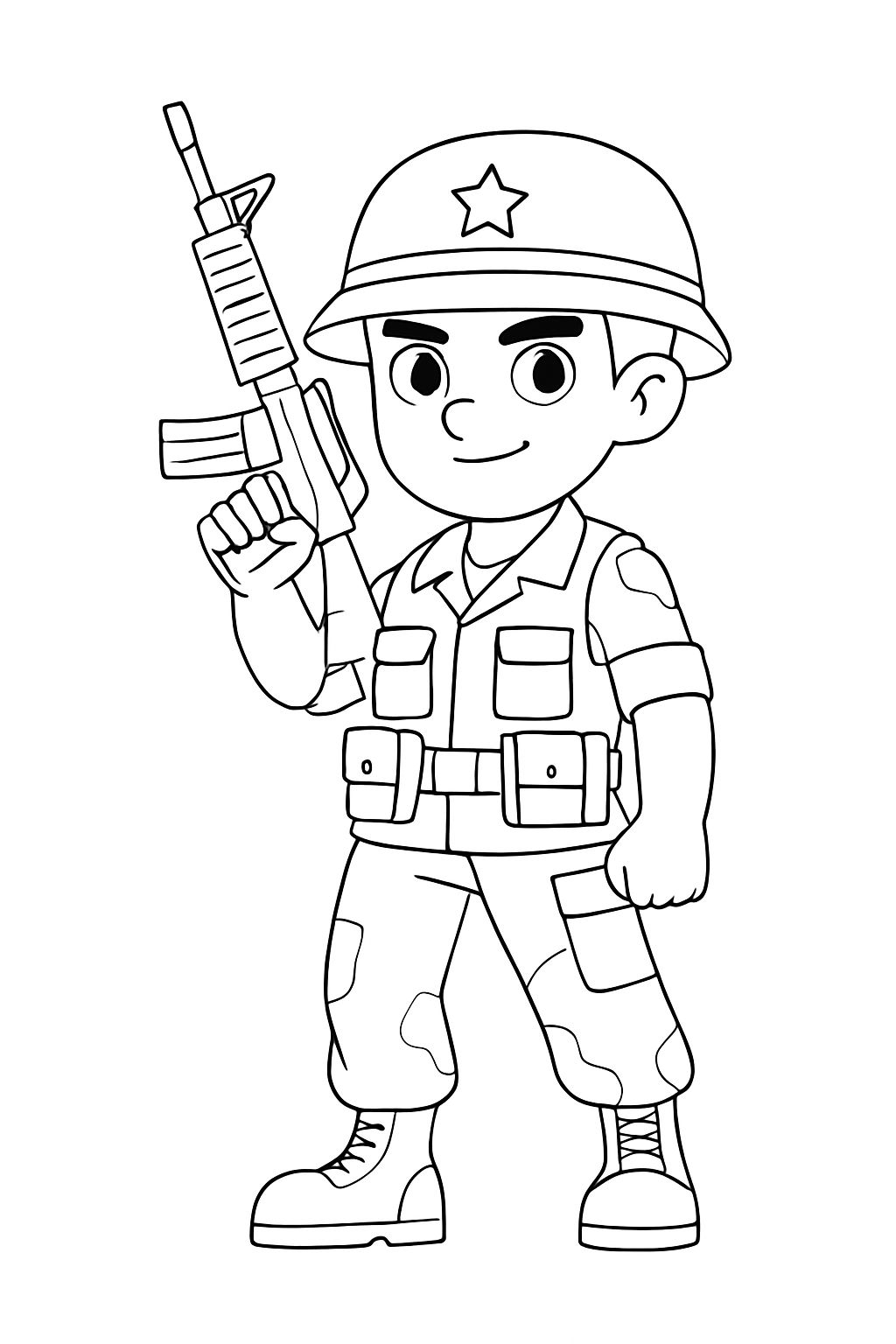 Anime-Style Cartoon Soldier Line Drawing for Coloring Book Pages