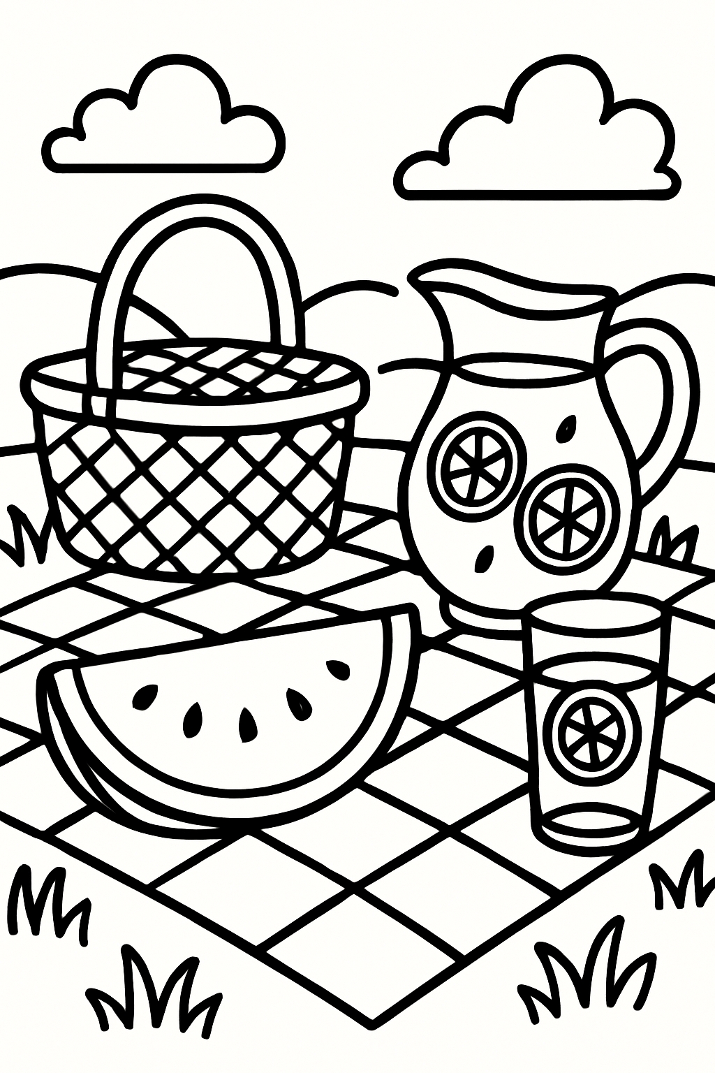 Relaxed Summer Picnic Scene with Watermelon and Lemonade Coloring Book Pages