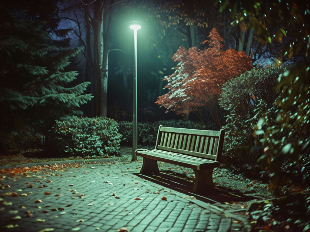 Tranquil Night Park Scene with Wooden Bench and Autumn Leaves Poster