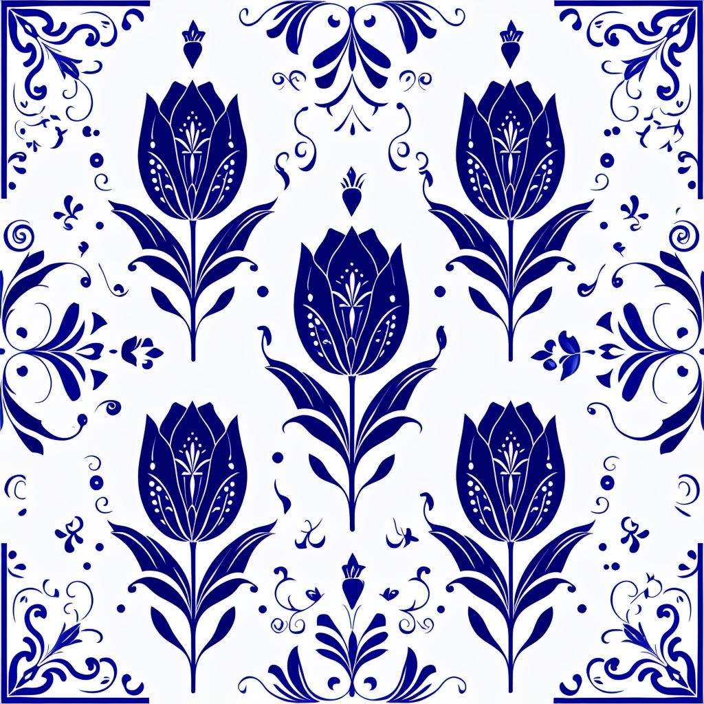 Elegant Navy Blue Tulip Pattern Inspired by Talavera Ceramics Seamless Pattern