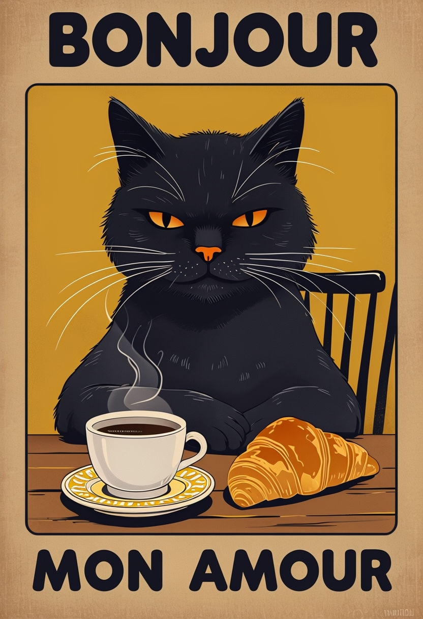 Whimsical Black Cat with Coffee and Croissant Poster