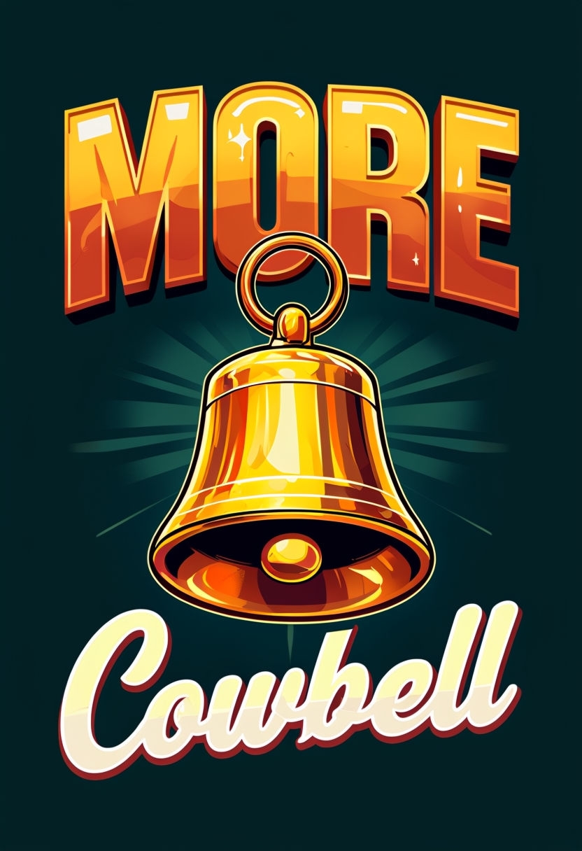 Vibrant Golden Cowbell Artwork with Bold 'MORE' Text Poster - Playground