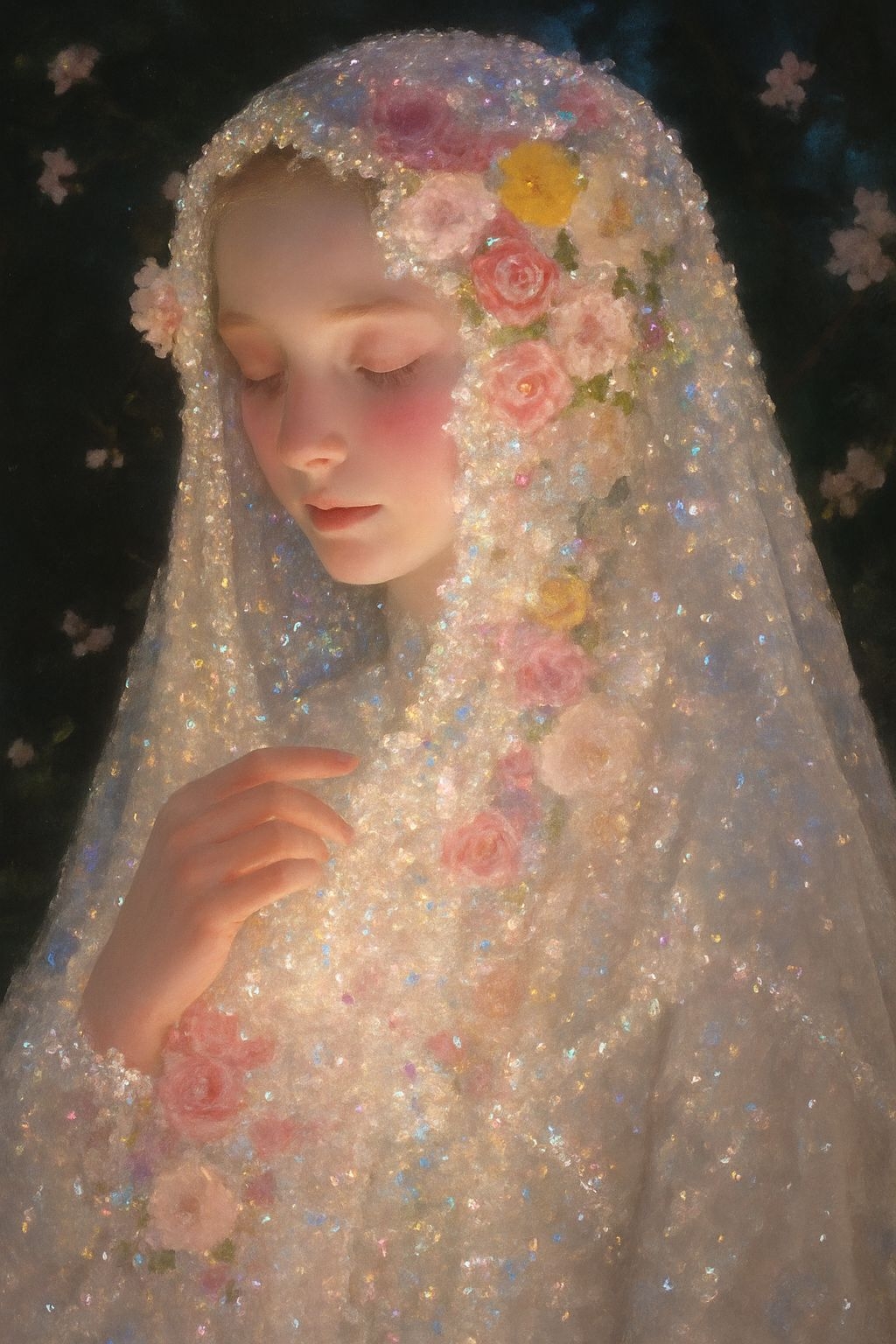 Serene Young Woman Portrait with Iridescent Shawl Art