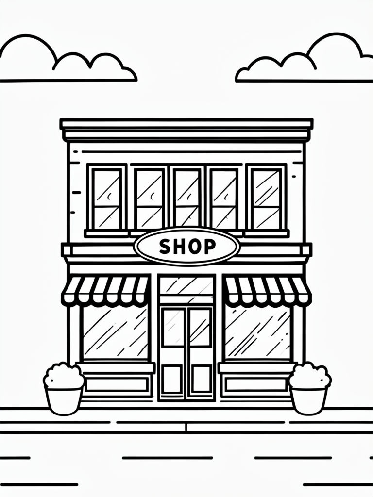 Cartoon Style Three-Story Shopfront Line Drawing Coloring Book Pages