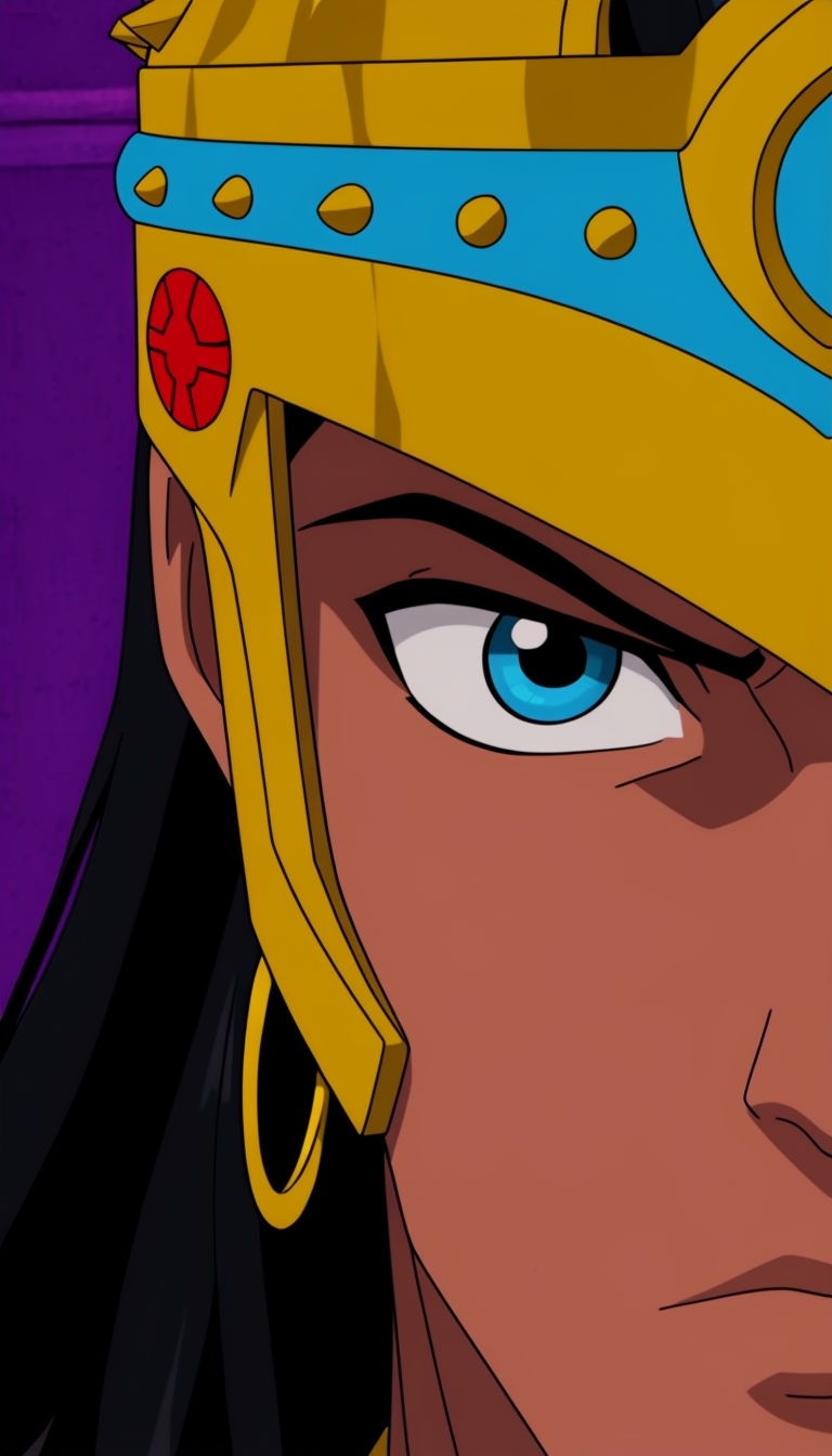 Vibrant Animated Character Face Close-Up with Decorative Helmet Mobile Wallpaper