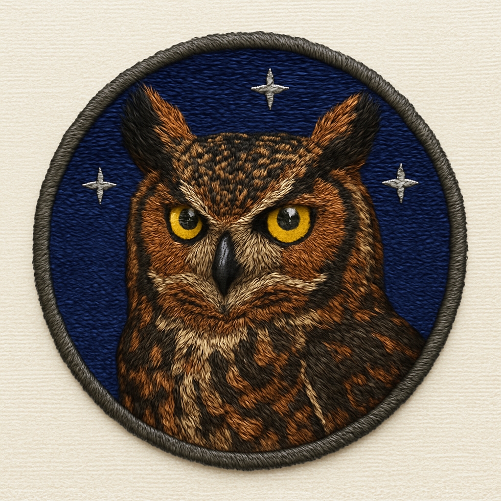 Intricate Owl Portrait Embroidered Patch Design for Hats