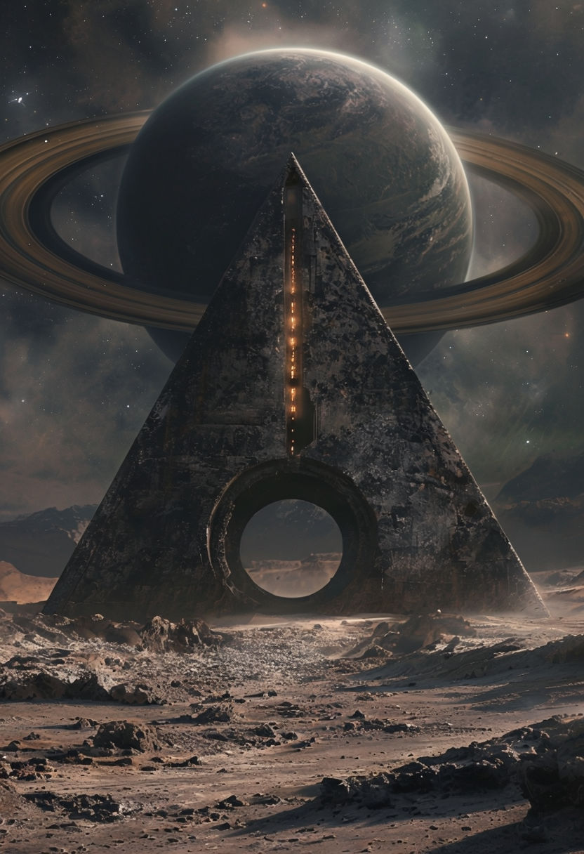 Surreal Futuristic Pyramid Landscape with Cosmic Planet Art