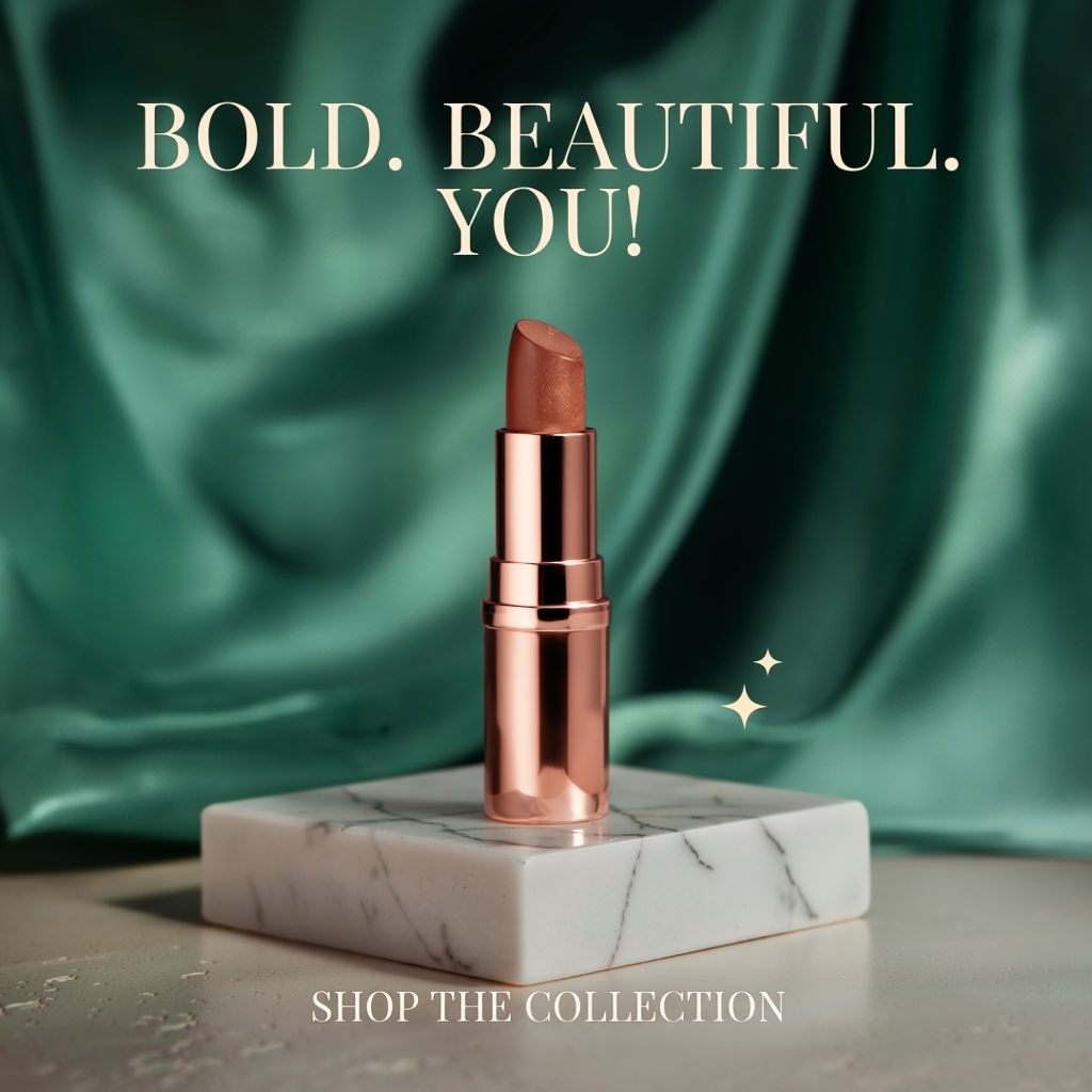 Elegant Rose Gold Lipstick on Marble with Bold Text Ads