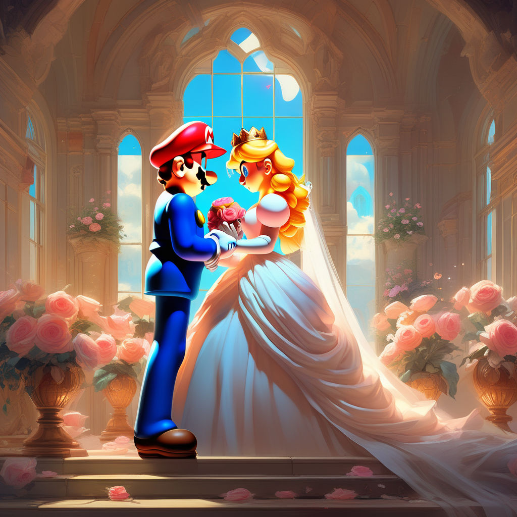 super mario getting married at the beach to princess peach