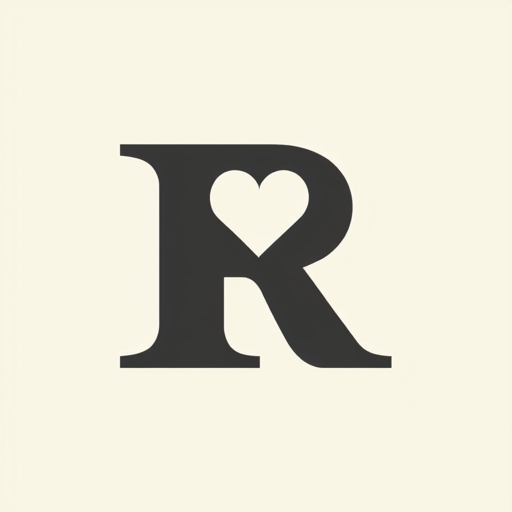 Minimalist Charcoal Black R Logo with Heart Cutout Design Logo