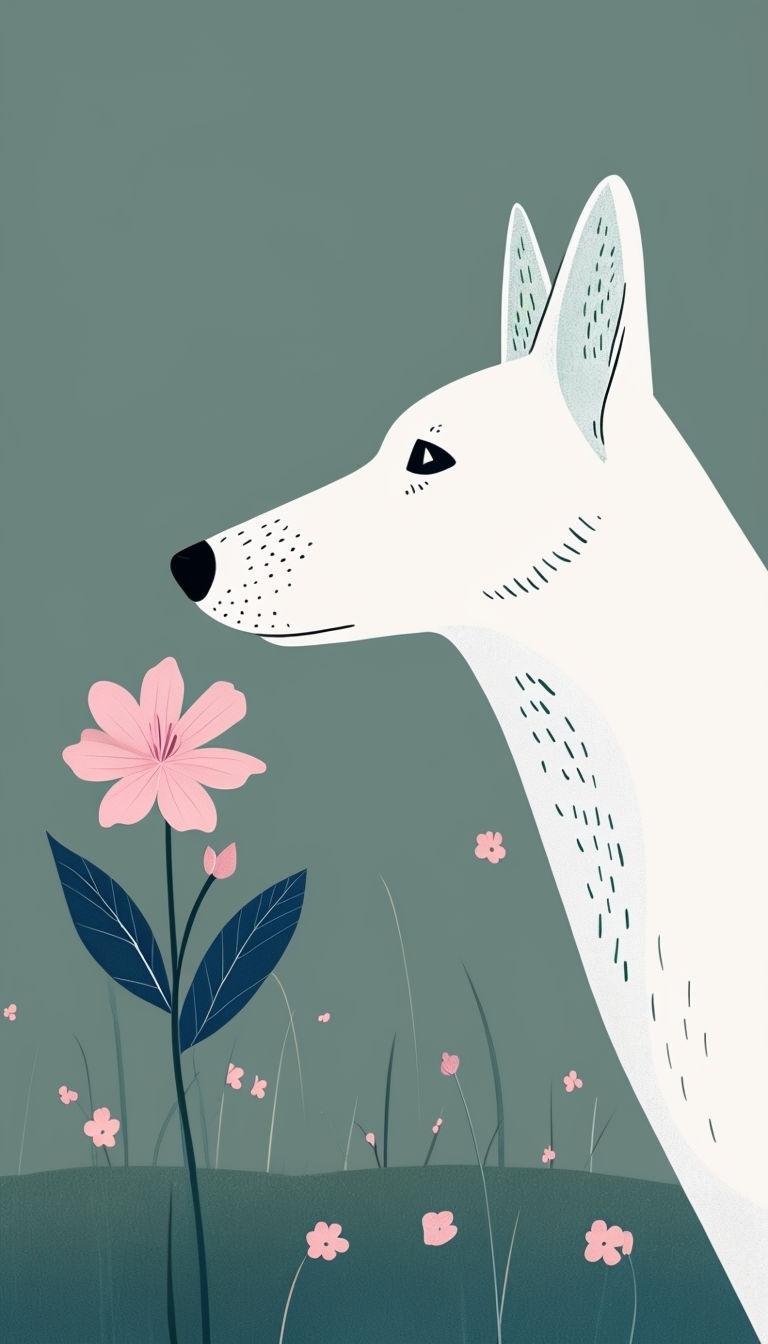 Minimalist White Dog Sniffing Pink Flower Illustration Phone Case Cover