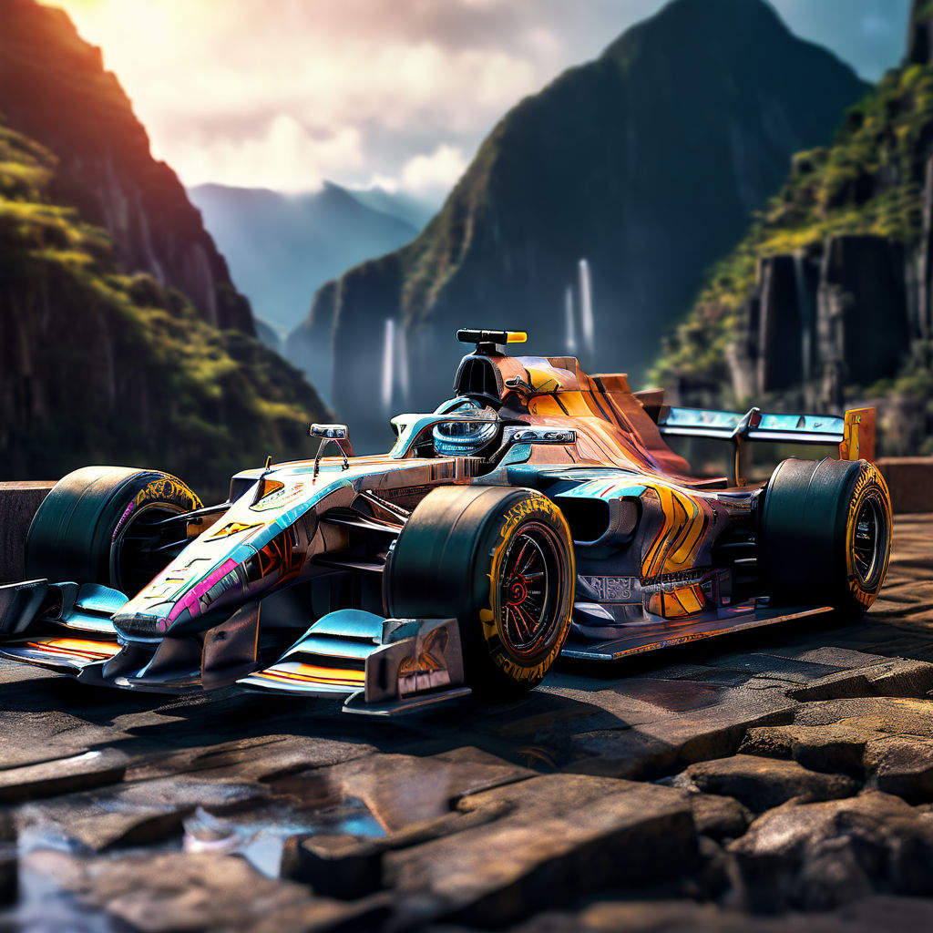 Anime-styled F1 car racing through Machu Picchu ancient arch... by Luis ...