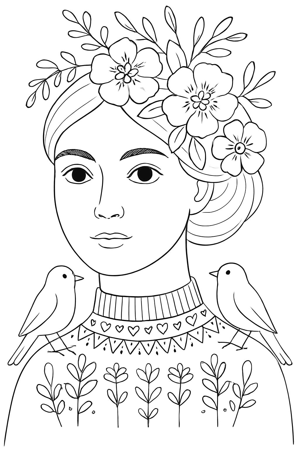 Whimsical Young Girl with Floral Crown Line Drawing Coloring Book Pages