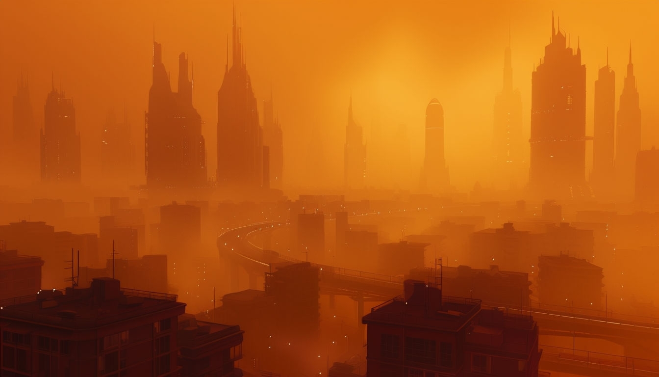 Futuristic Amber-Orange Haze Cityscape Virtual Background