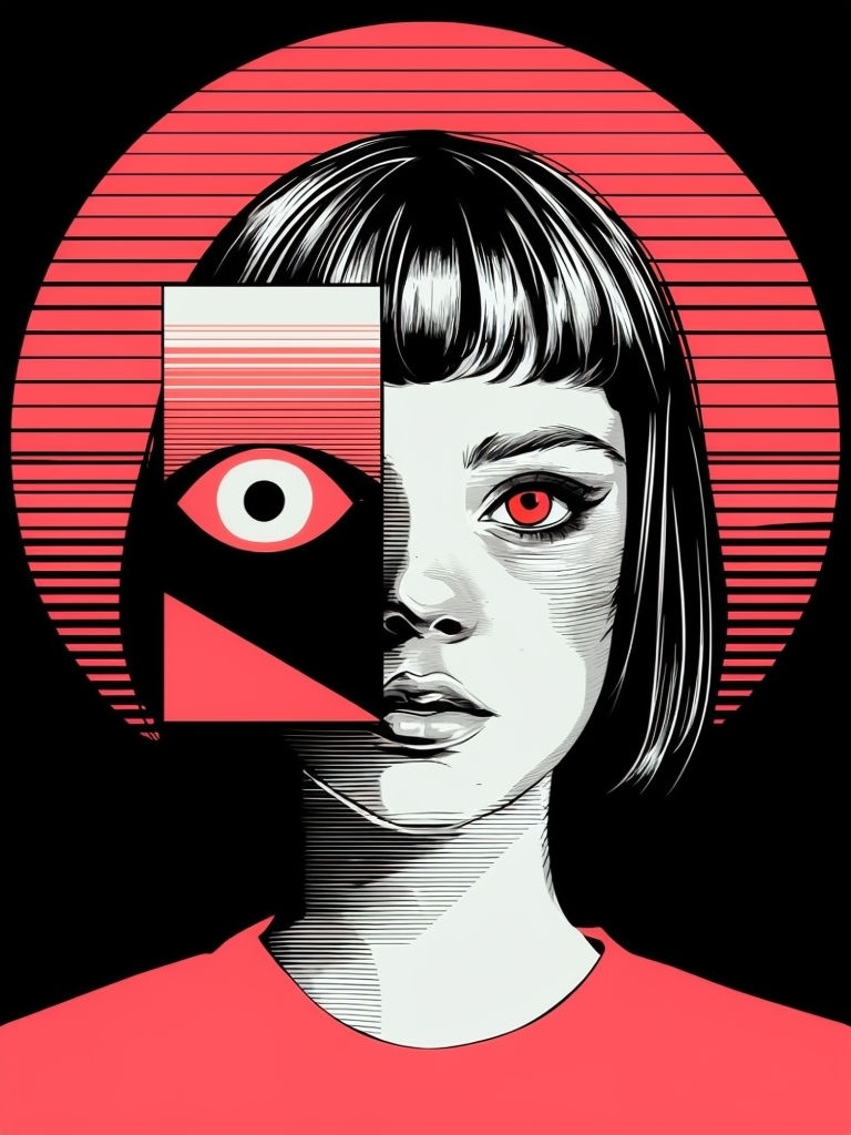Surreal Black and White Portrait with Colorful Eye Details Art