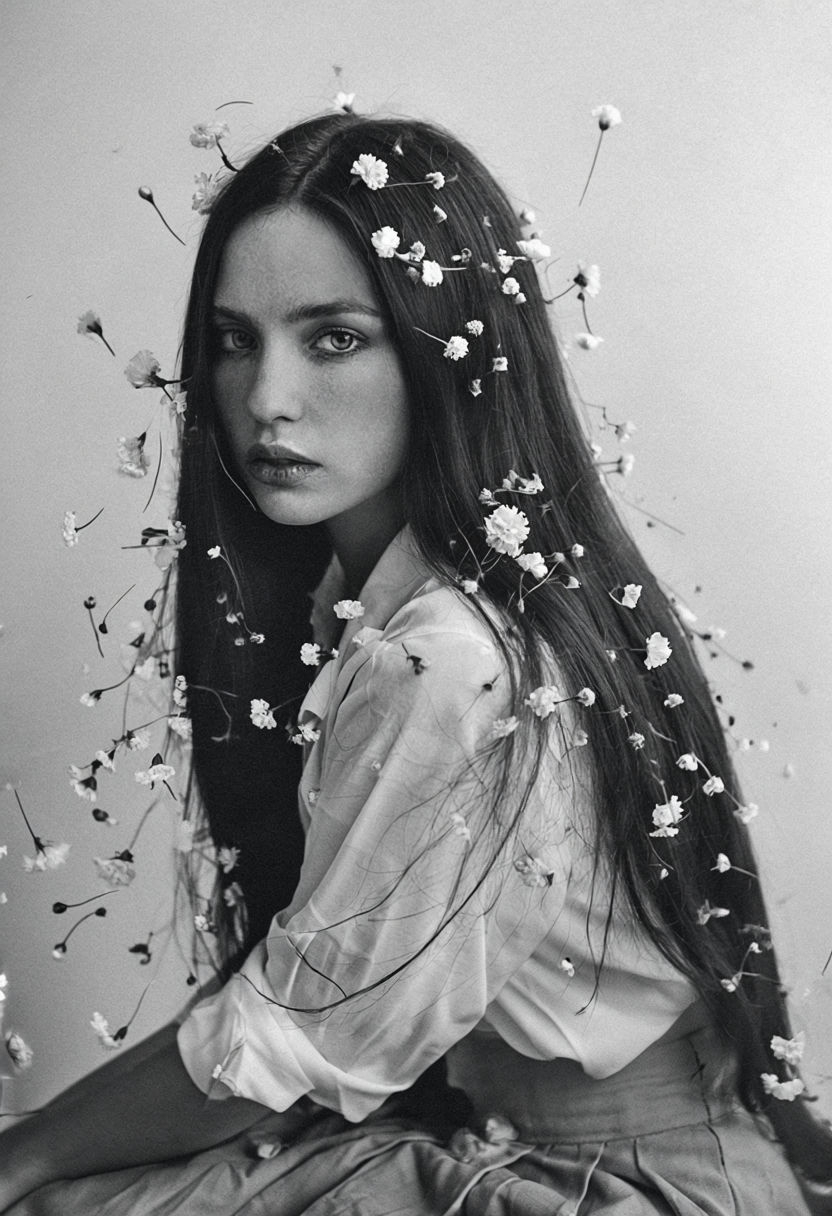 Ethereal Black and White Portrait of a Woman with Flowers Art