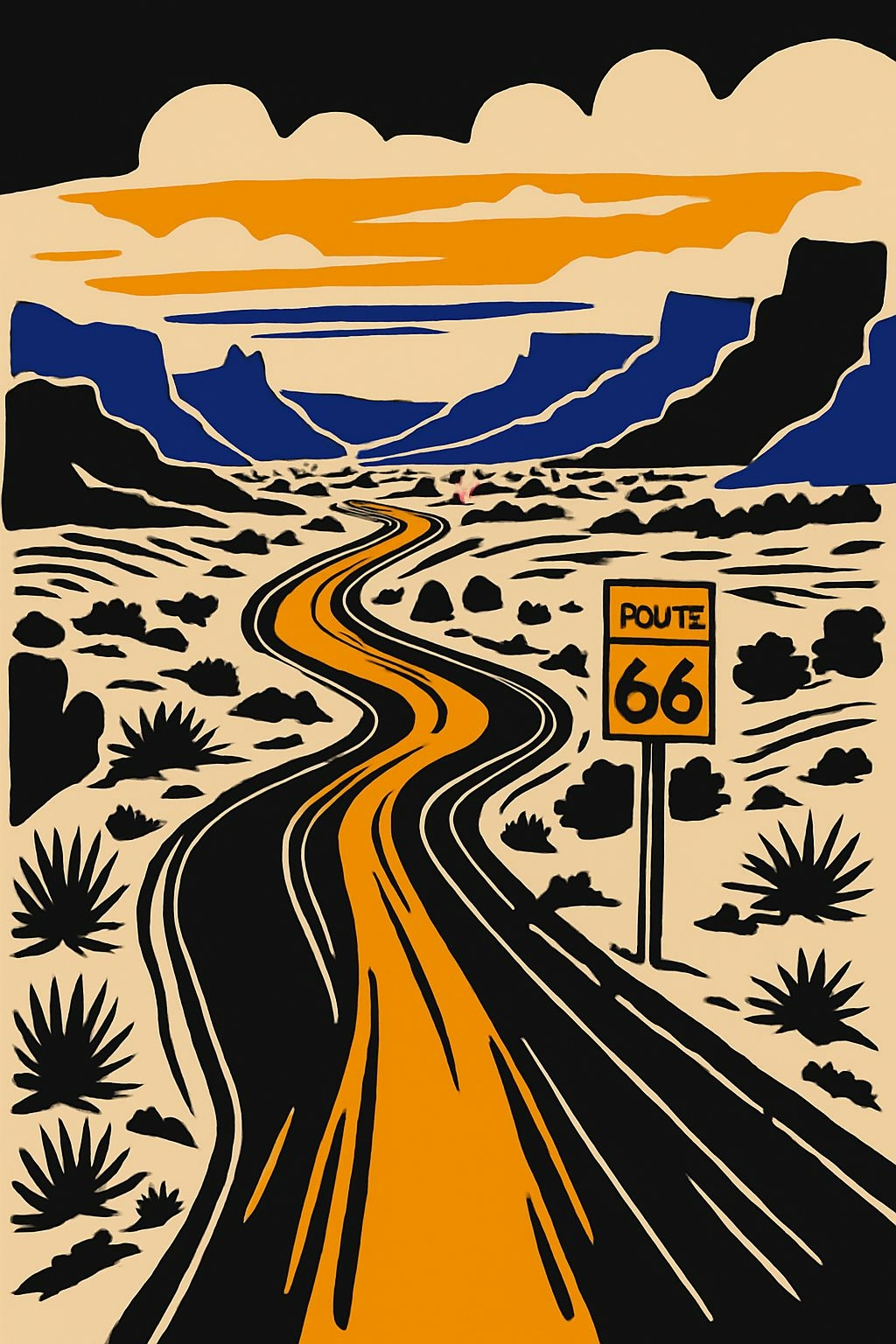 Stylized Route 66 Desert Road Adventure Illustration T-shirt