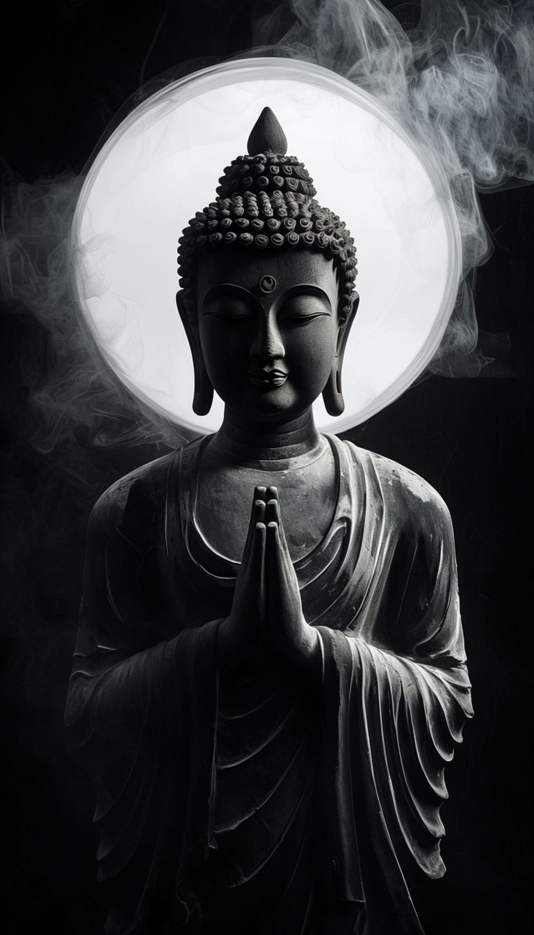 Serene Buddha Statue with Ethereal Halo in High Contrast Mobile Wallpaper
