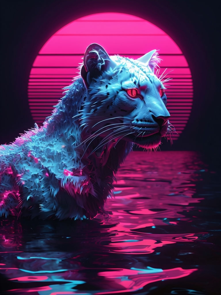 Neon Pink Retro-Futuristic Panther Digital Art Poster