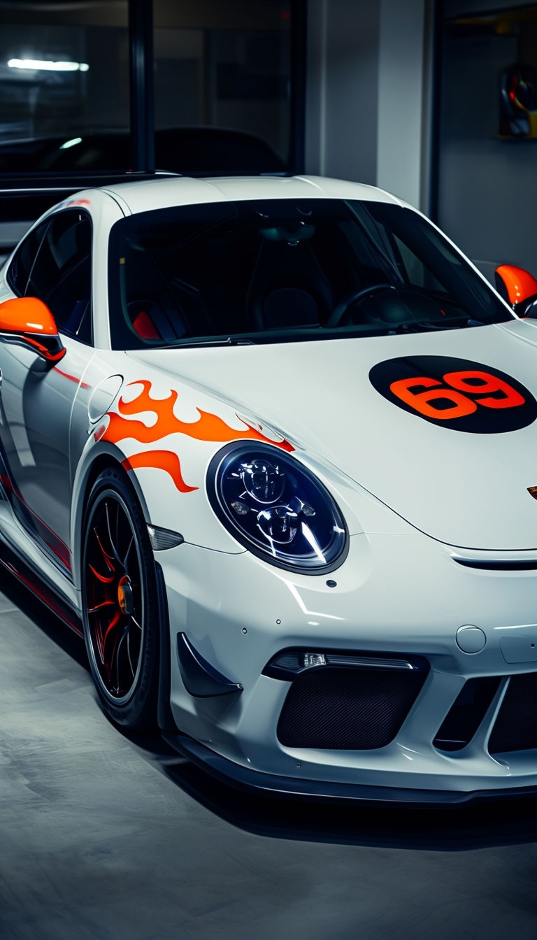 Sleek White Porsche with Red Flames and Racing Emblem Mobile Wallpaper