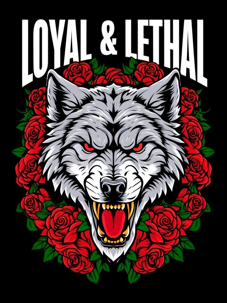 Fierce Wolf with Red Eyes and Roses Graphic T-Shirt