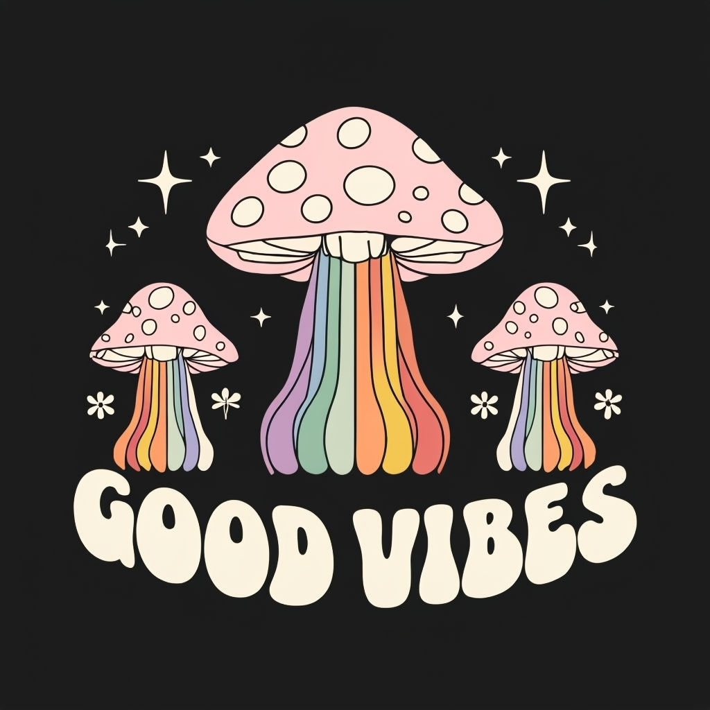 Colorful Whimsical Mushrooms with Good Vibes T-Shirt