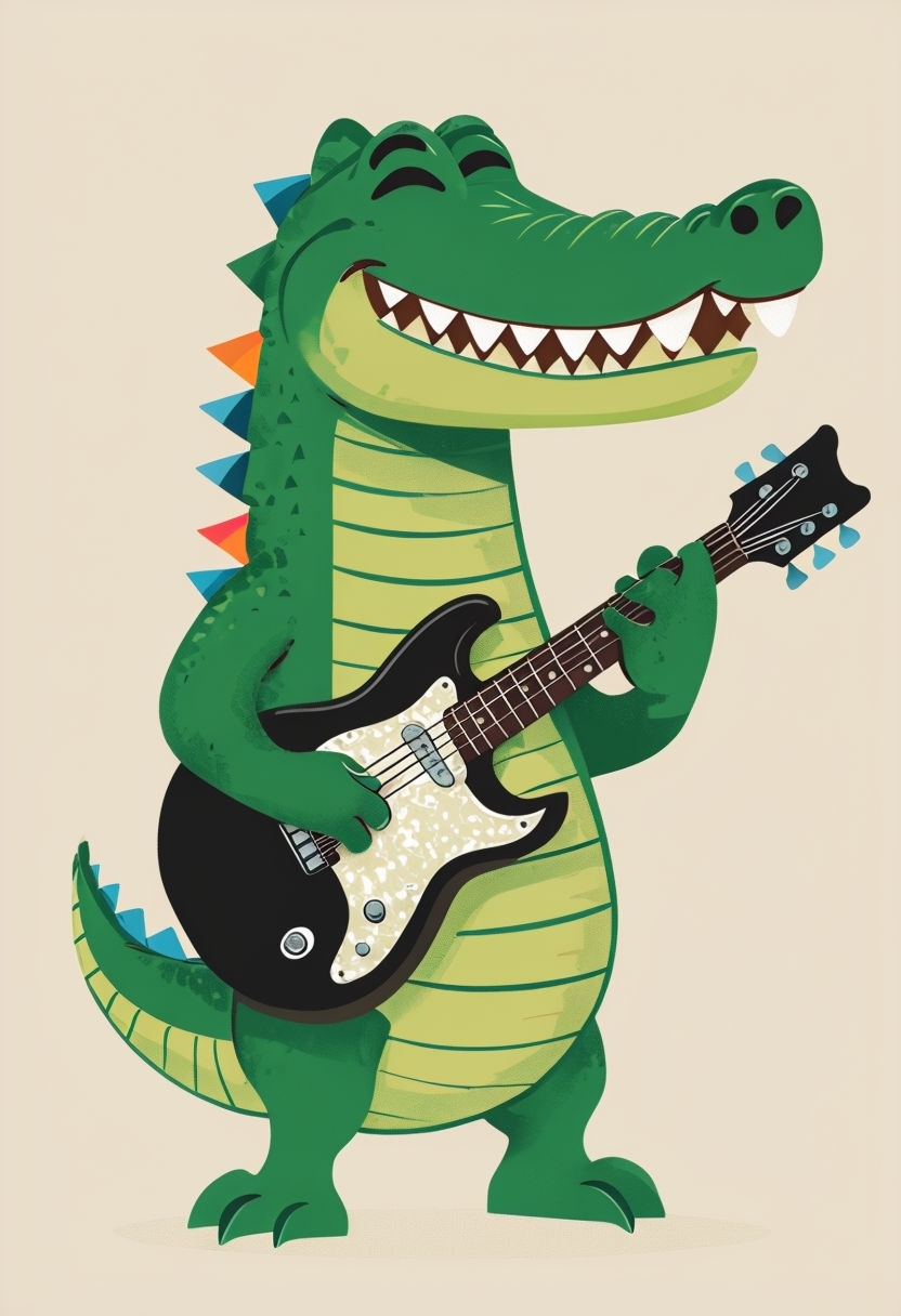 Cheerful Cartoon Alligator Playing Electric Guitar Art
