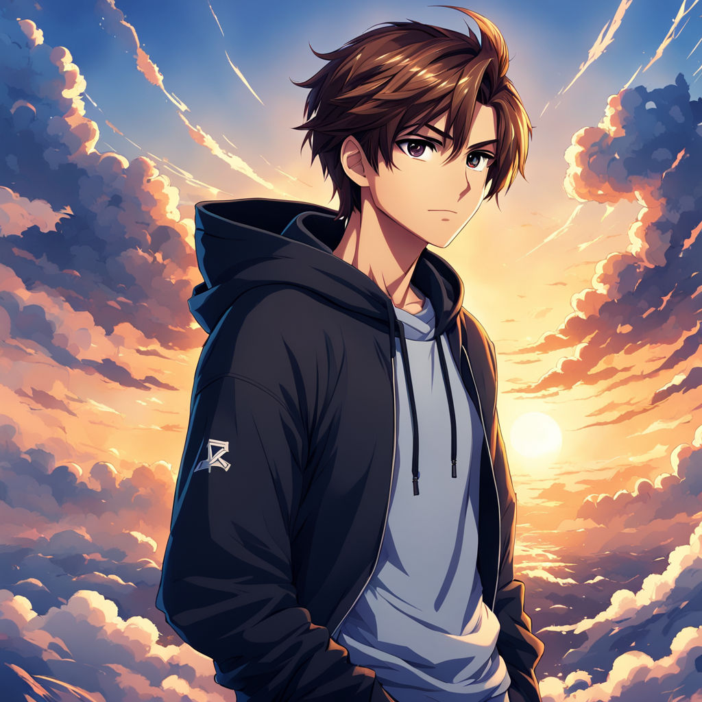 anime boy brown hair hoodie curly-hair glasses