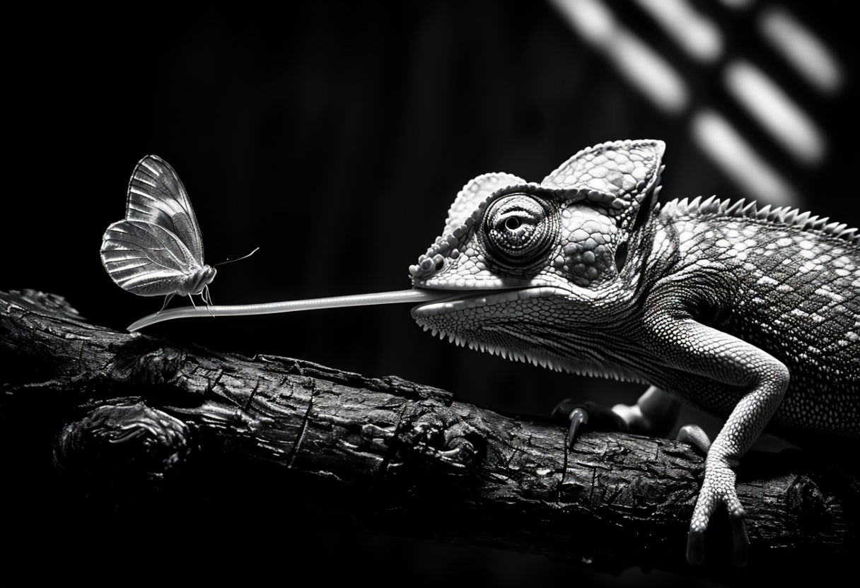 Dramatic Black and White Macro Photograph of Chameleon and Butterfly Art