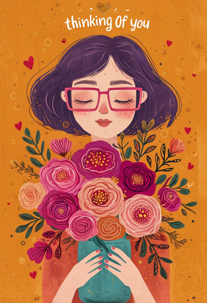 Whimsical Woman with Flowers and Hearts Art Poster