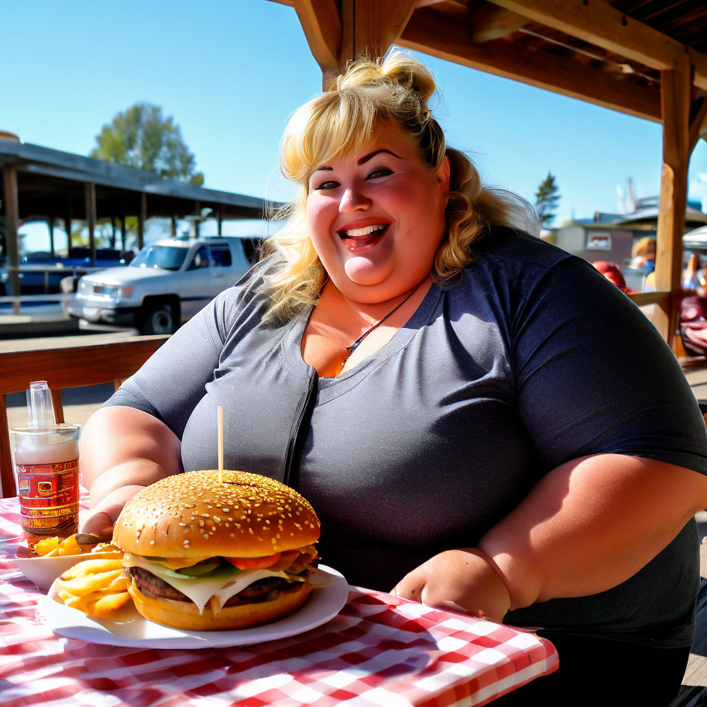 overly fat woman stuffing her face with food to get fatter. Euphoric. Weight  gain. Happy. Feedee stuffer. immobile