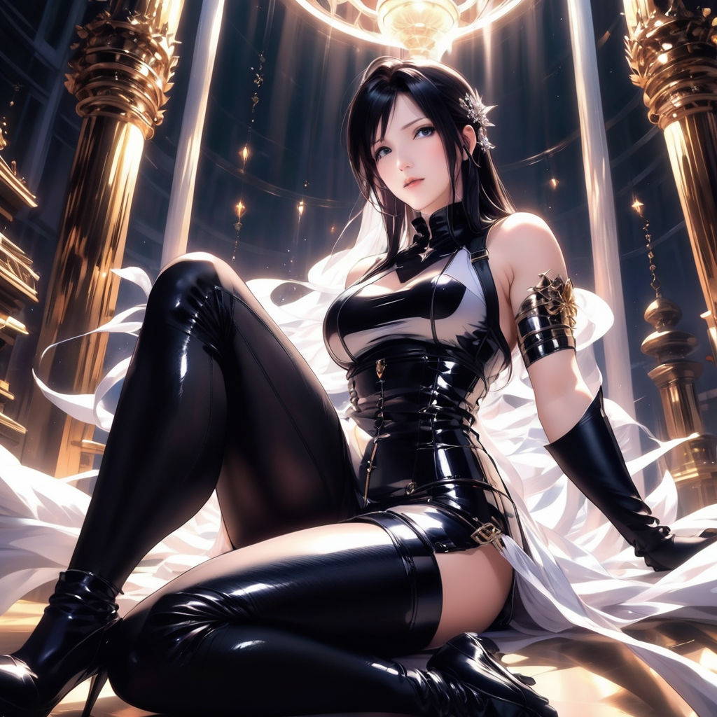 a full-length thigh-high and a woman with long lengs wearing a latex mini  panties and black top .anime style