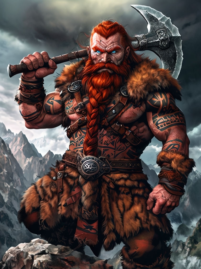 Fierce Dwarven Barbarian Warrior on Rocky Cliff Art