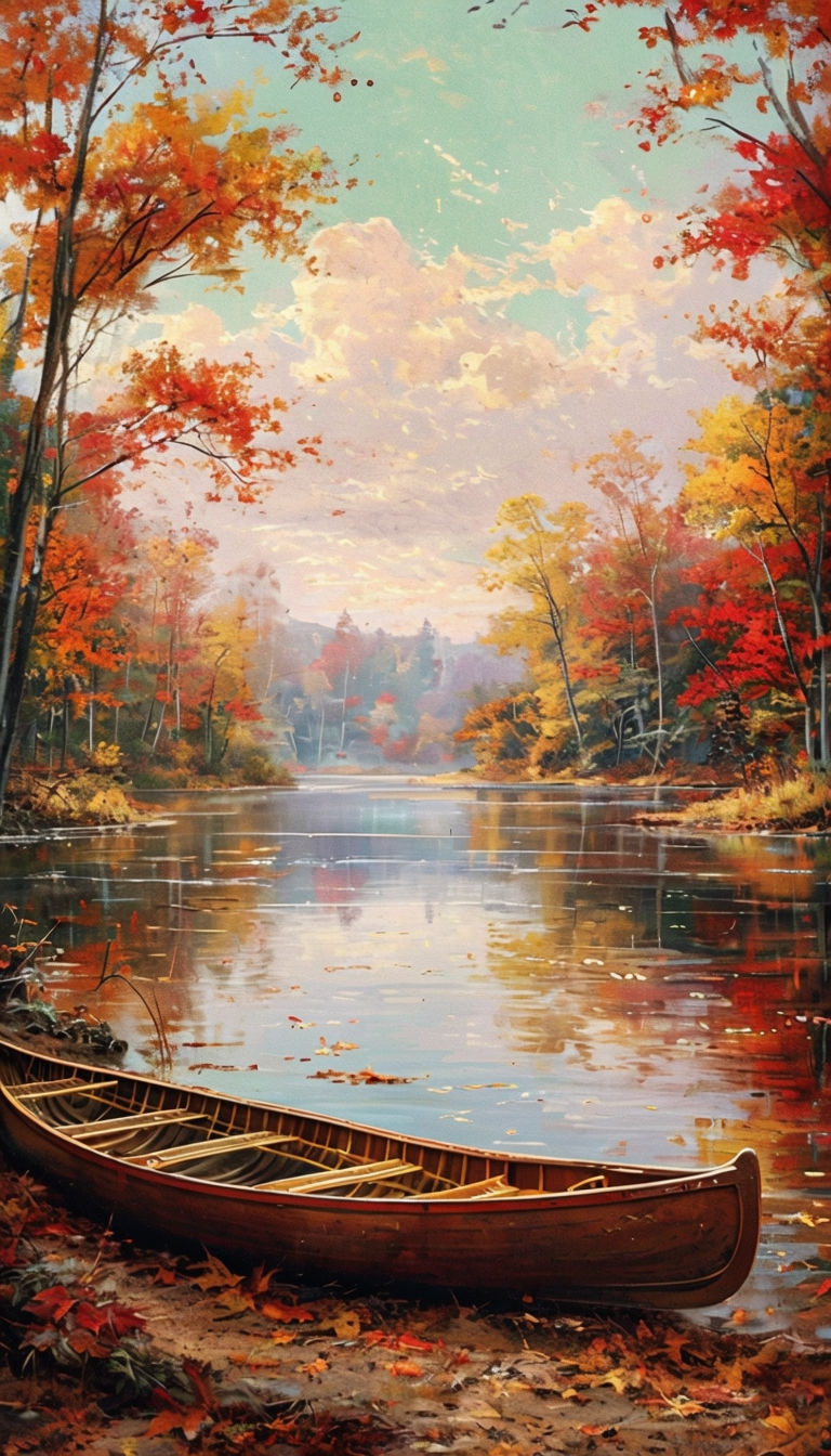 Tranquil Autumn Lake Landscape with Colorful Foliage Art