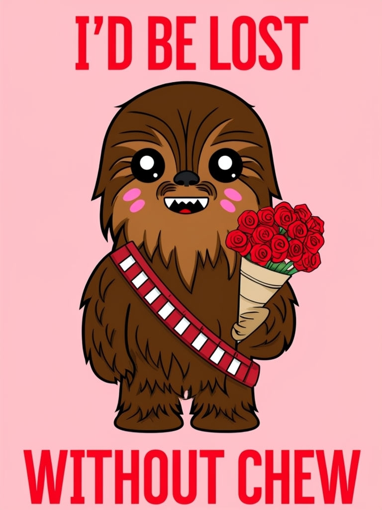 Cute Chewbacca Cartoon with Roses and Text for Card Design Cards & Invites