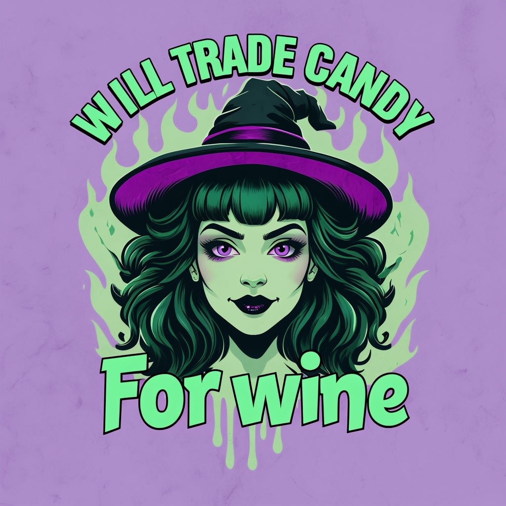 Whimsical Witch with Candy for Wine Text Cartoon T-Shirt
