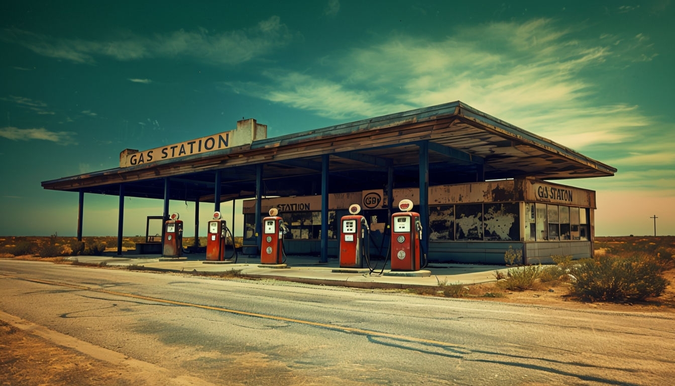 Nostalgic Abandoned Gas Station Vintage Landscape Background